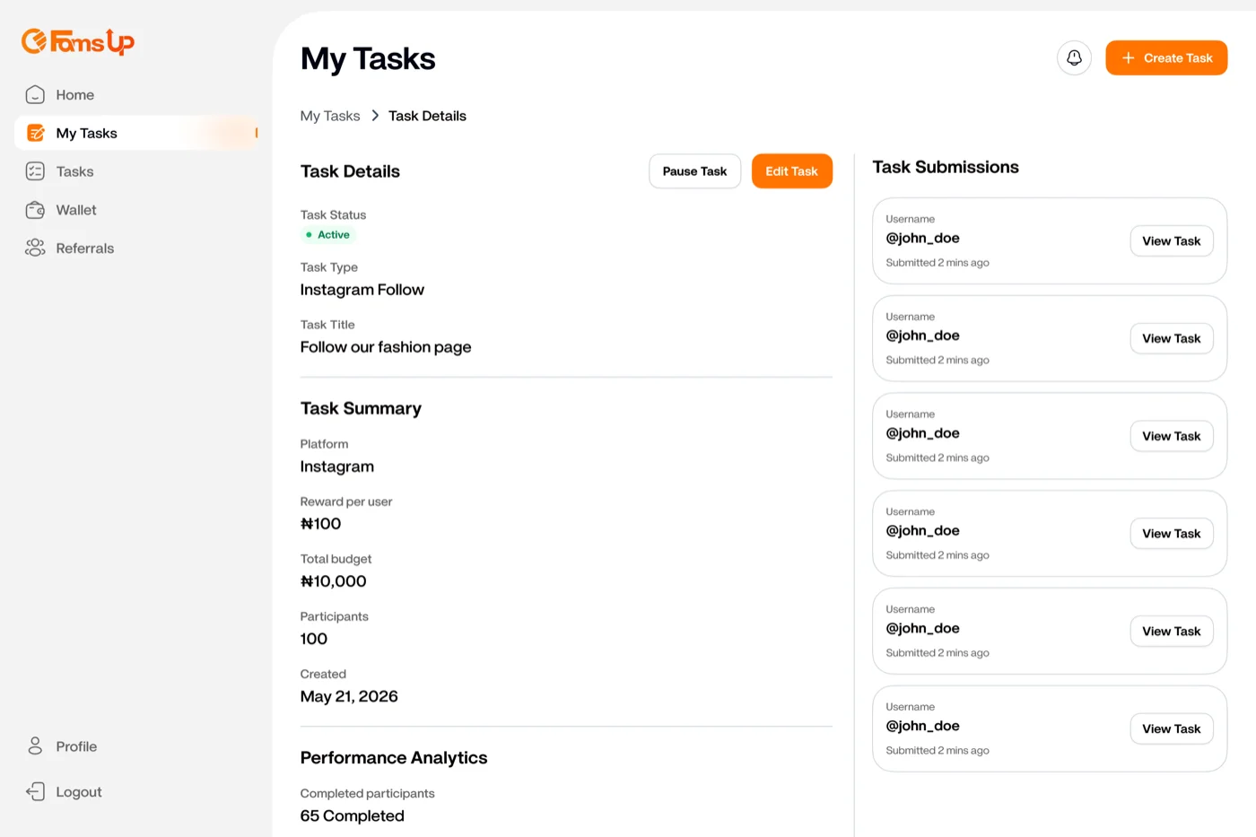Task details with submissions